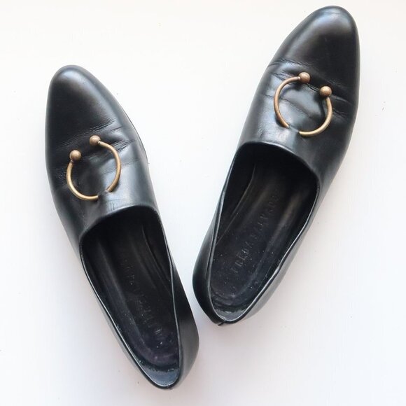 Freda Salvador Black Leather Low Heel Loafers Slip-on Shoes with Ring Detail - Picture 15 of 16